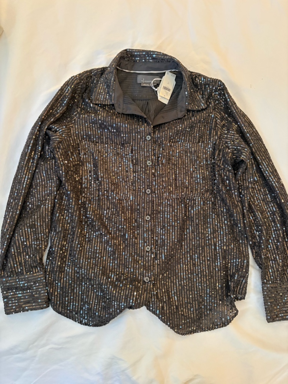 Anthropologie Women’s Charcoal Grey Sequined Button-Down Shirt
